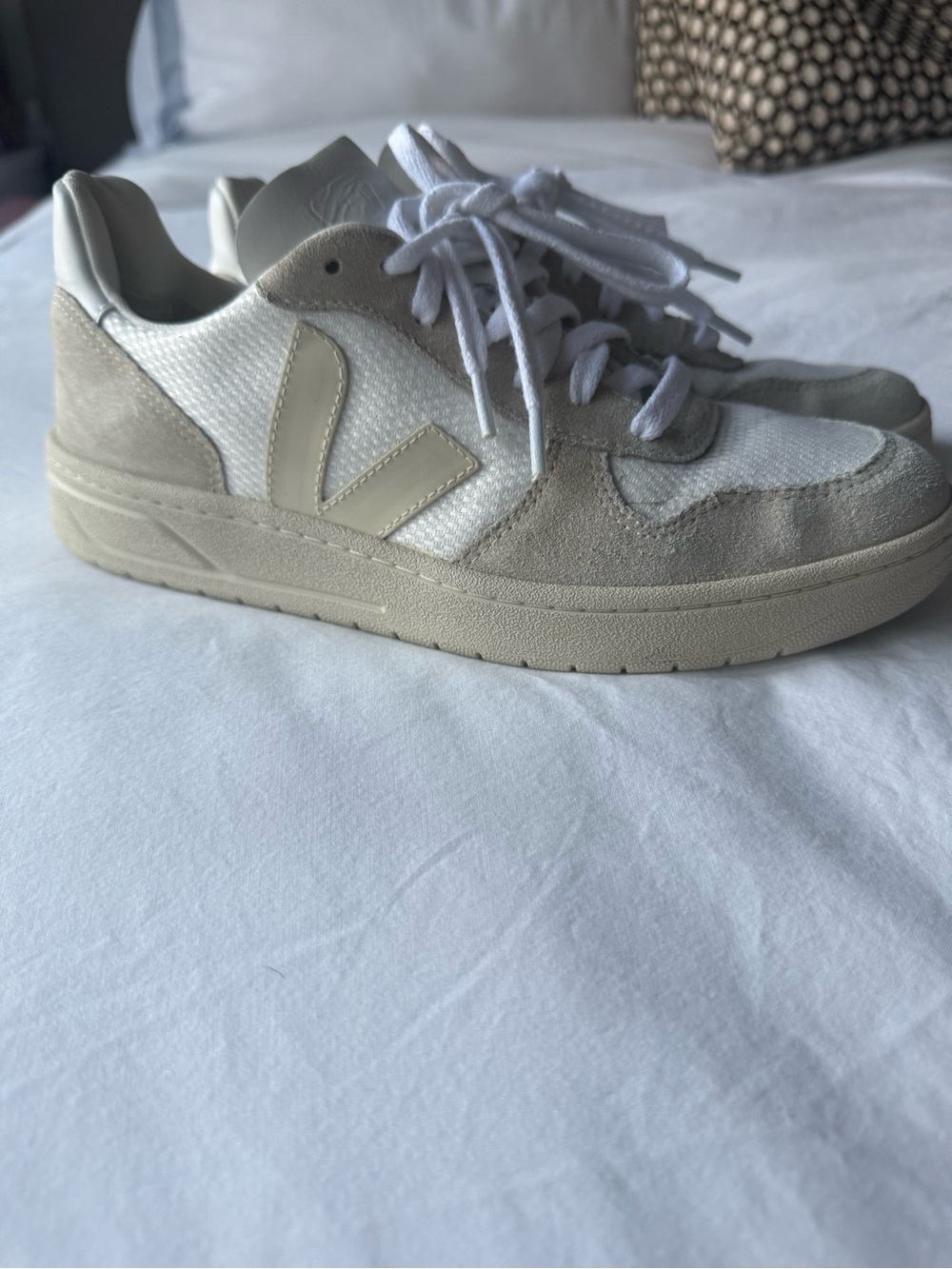 Veja  V10 Mesh and Suede Sneakers in White and Beige